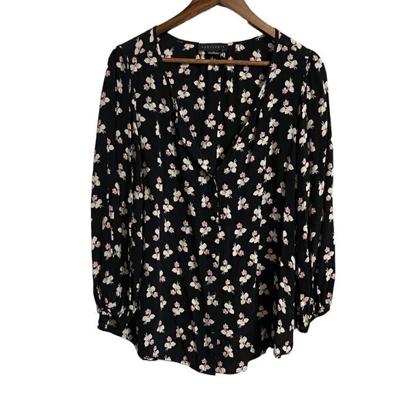 Sanctuary Womens Black Floral Popover Vneck Cinched Sleeve Blouse Size Medium - Picture 1 of 6
